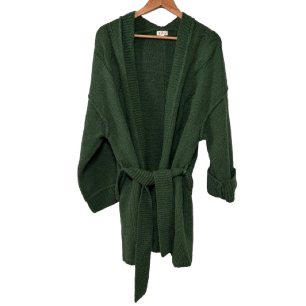 POL Heavy Weight Chunky Green Cable Knit Tie Front Cardigan Size S